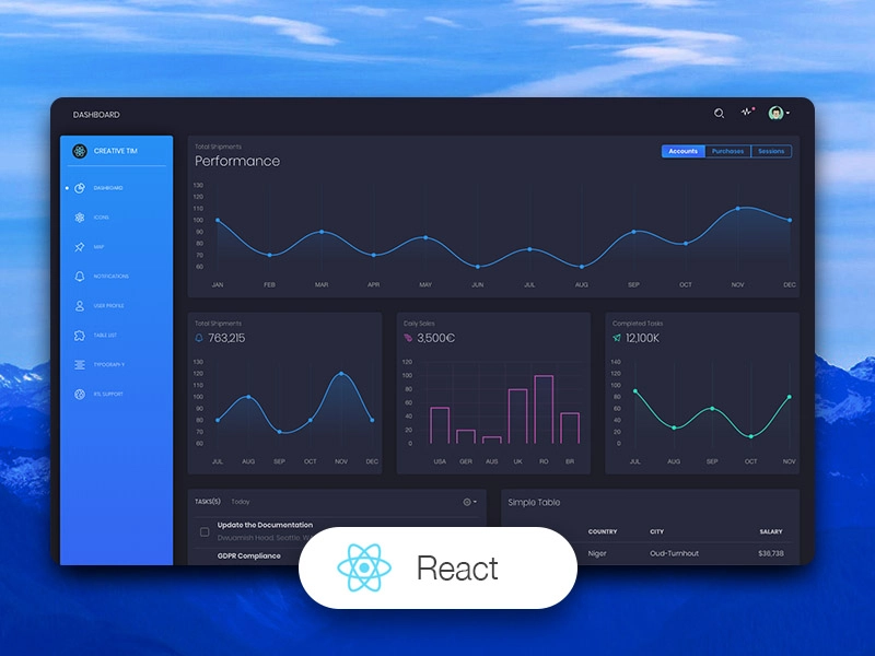 Black Dashboard React - 免费的深色主题仪表板。