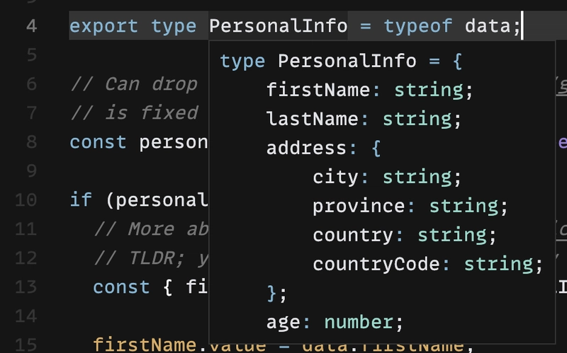 PersonalInfo 类型在 CodeSandbox 中显示其形状