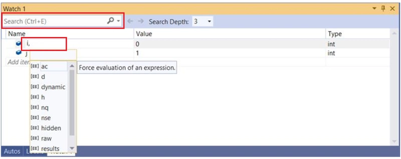 监视窗口中的搜索功能。