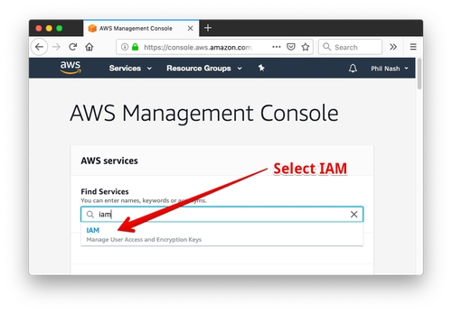 从 AWS 控制面板中选择 IAM。
