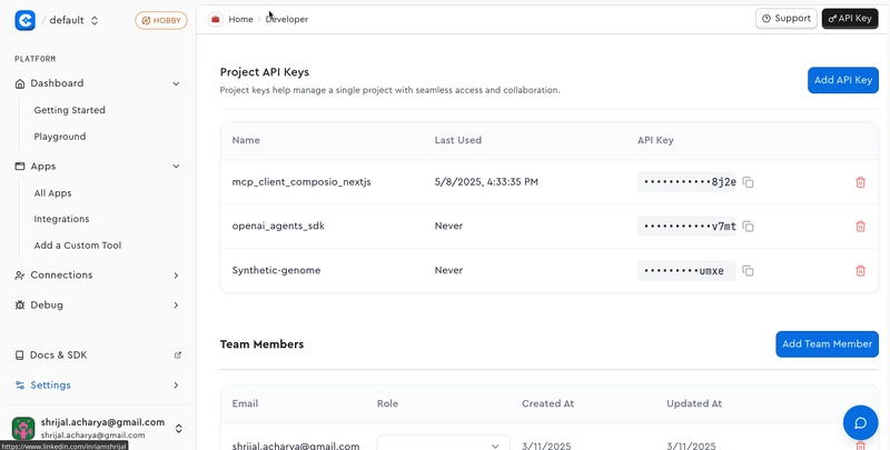 Composio API 密钥列表