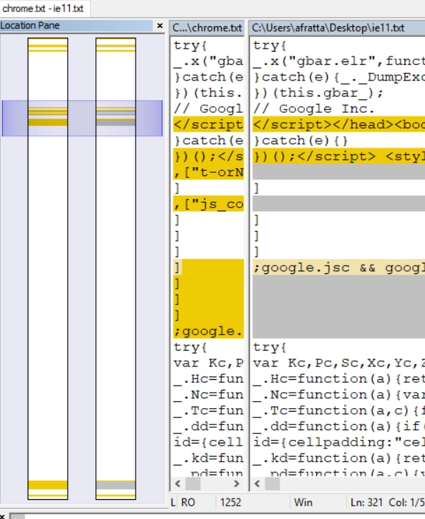 WinMerge 对 Chrome 和 IE11 响应主体的比较