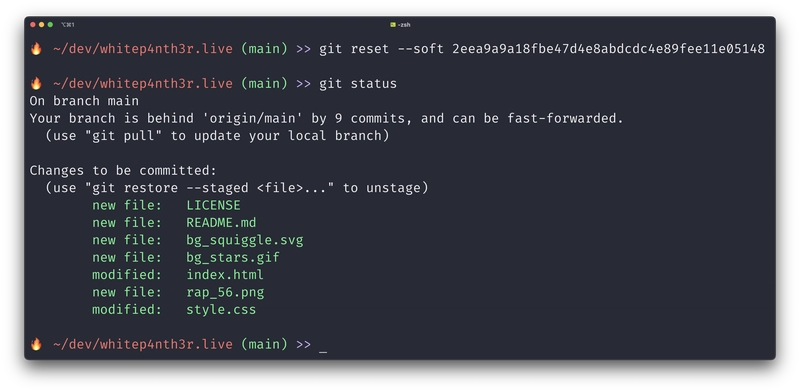 终端输出显示带有哈希的 git reset --soft，然后 git status 显示分支落后于 origin main 9 次提交，并且有 7 个文件更改。
