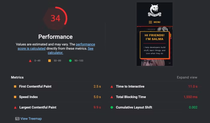 来自 web.dev 测量的屏幕截图显示 next.js 网站的性能得分为 34、LCP 为 2.5 秒、TTI 为 11 秒、CLS 为 0.0002。