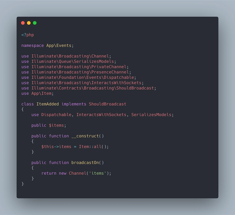 Laravel 应用中示例事件的代码截图