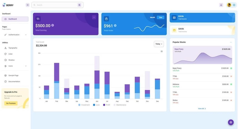 Berry 模板的仪表板页面，一个基于 Materui UI 组件库制作的免费 React 仪表板。