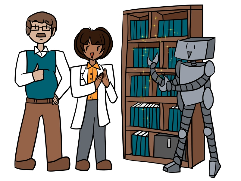 一个技艺精湛的机器人正在展示它的作品：一个井然有序的书架。创造它的数据科学家和平台工程师用热情的表情、竖起大拇指和鼓掌来表达他们的赞许。