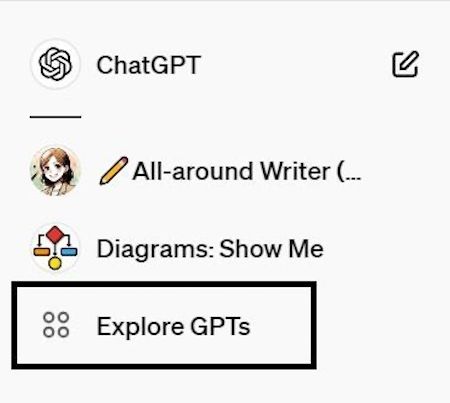 Chatgpt 界面放大到左侧面板，按钮周围有黑色方框，用于浏览 Gpts。