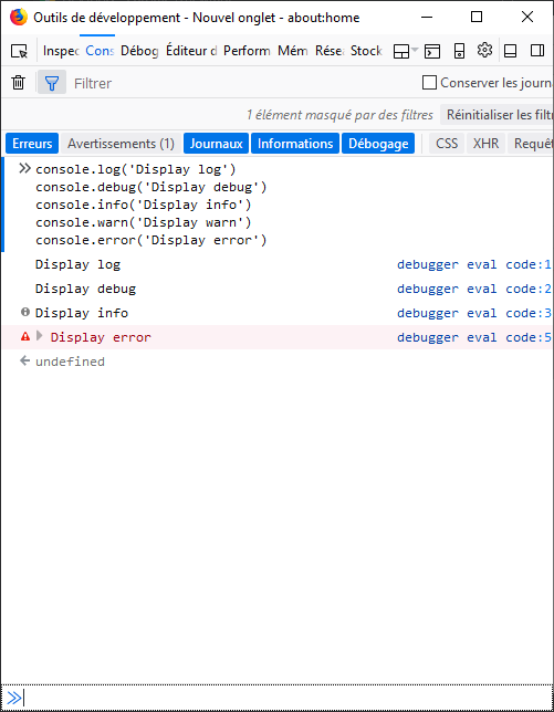 Alt Firefox：带有日志过滤器的控制台示例