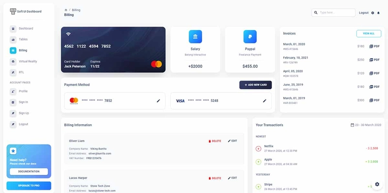 React Soft 仪表板 - 计费页面。