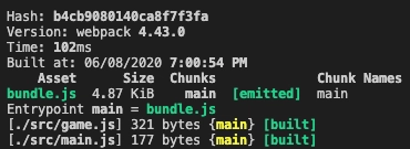 控制台中的 webpack 构建日志。它显示了打包文件的大小、打包时间以及文件名。
