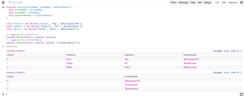 显示特定的 console.table() 列