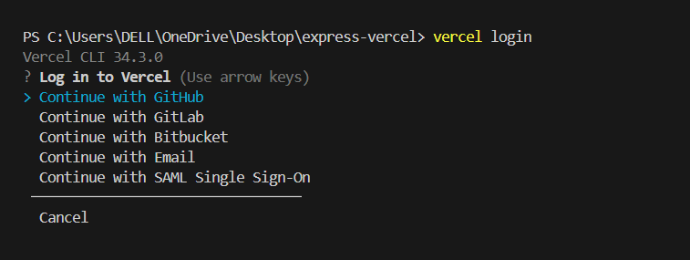 Vercel CLI 的登录选项显示在命令行界面中。