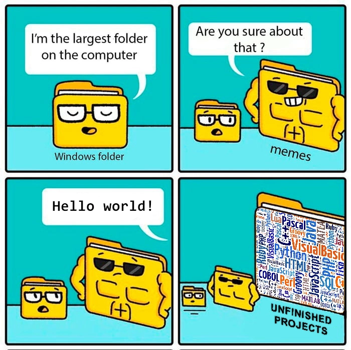 漫画中，一个装有 Windows 的计算机文件夹吹嘘自己是最大的，结果却被