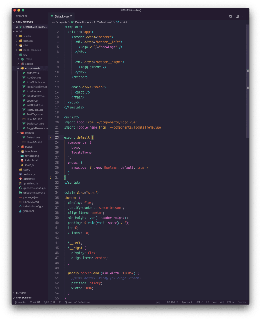 激活了 synth wave '84 主题的 Vue.js 文件