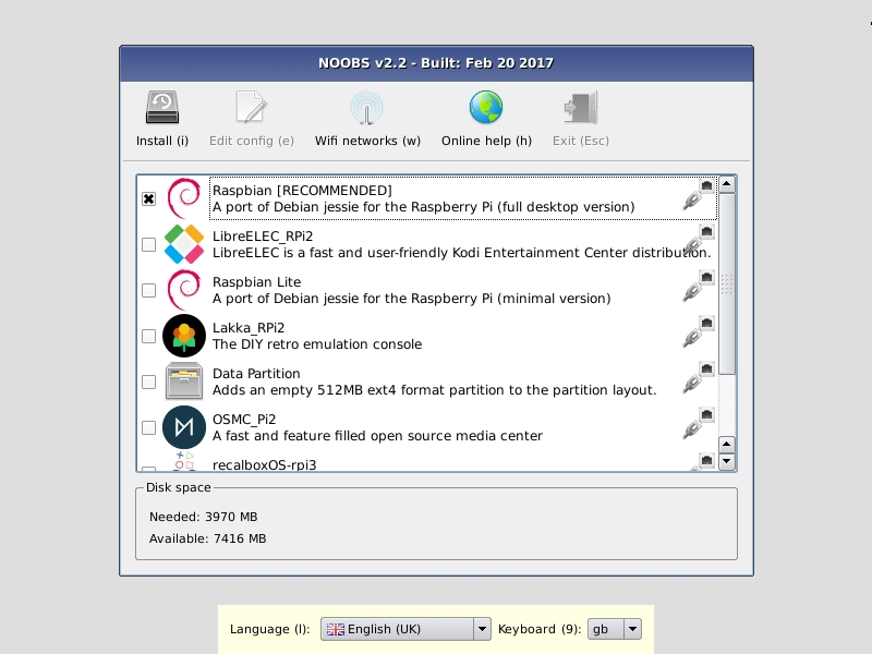 图像显示在 Raspberry Pi 上运行的 NOOBS 安装程序。