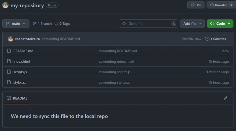 远程存储库的屏幕截图，其中远程添加了新的 README.md 文件。