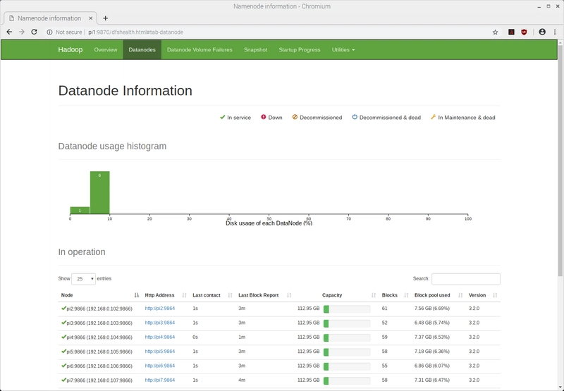 Hadoop Web UI 显示 DataNode 统计数据。