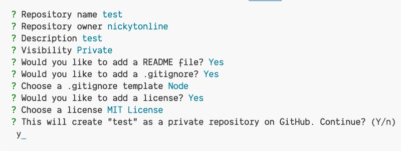 GitHub CLI 会汇总所有已做的选择，并提示用户在 GitHub 上创建存储库。