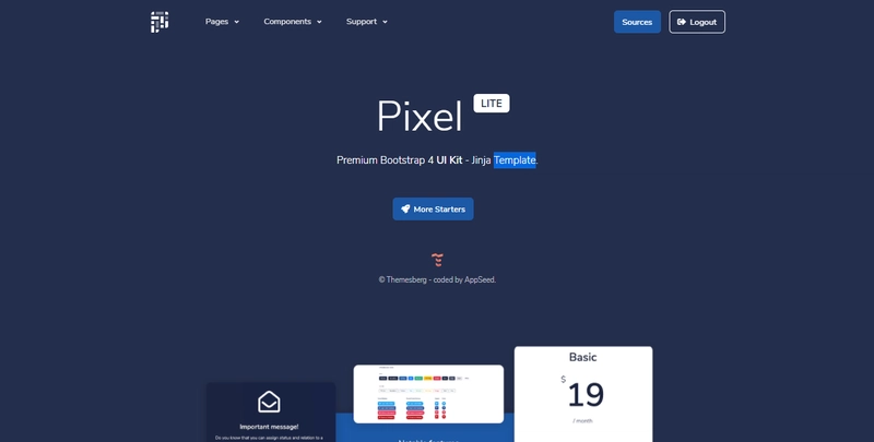 免费 UI 套件 - Pixel Lite，由 AppSeed 迁移至 Jinja。