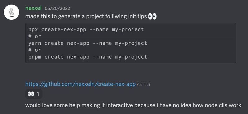 04 - nexxel 的第一条关于 create-nex-app 的 discord 消息