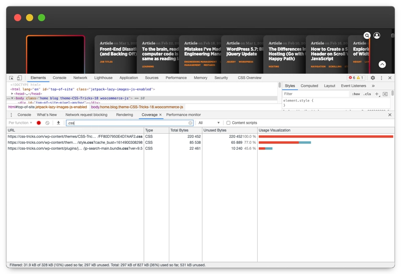 DevTools 代码覆盖率面板的屏幕截图。