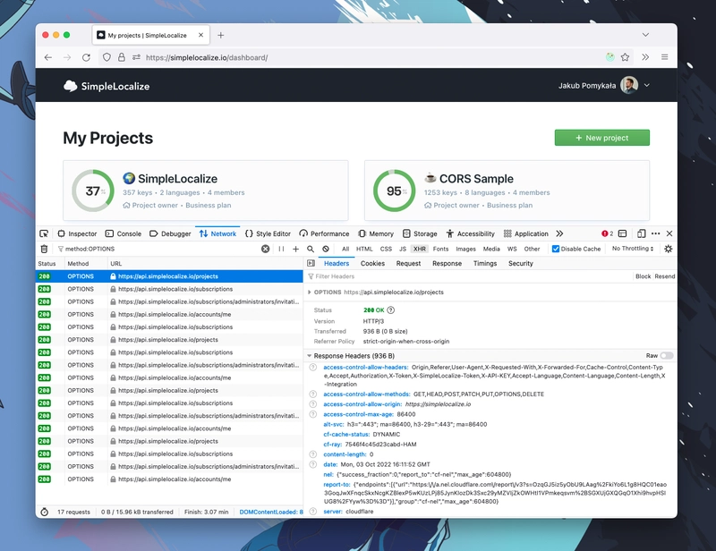 Firefox 开发者控制台中成功的 CORS 预检请求