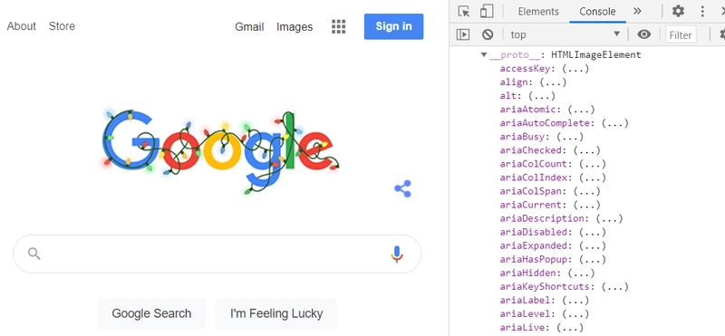 在 Chrome devtools 控制台中检查的 Google 徽标 img 元素 __proto__ 对象