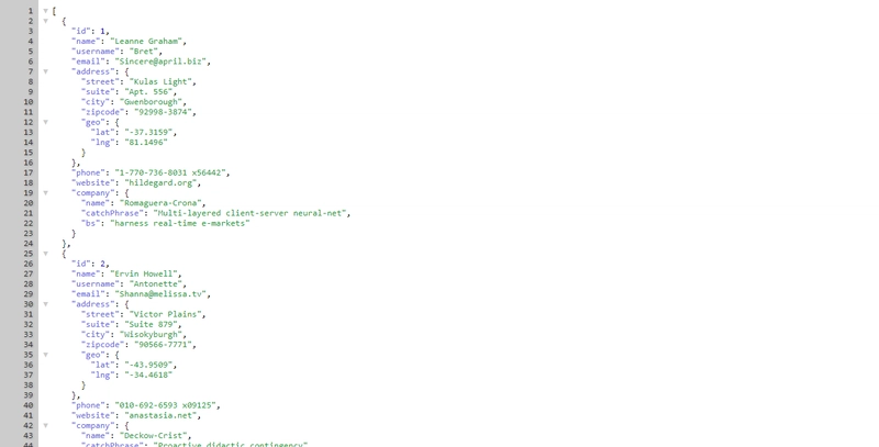 JSONPlaceholder 用户端点的响应