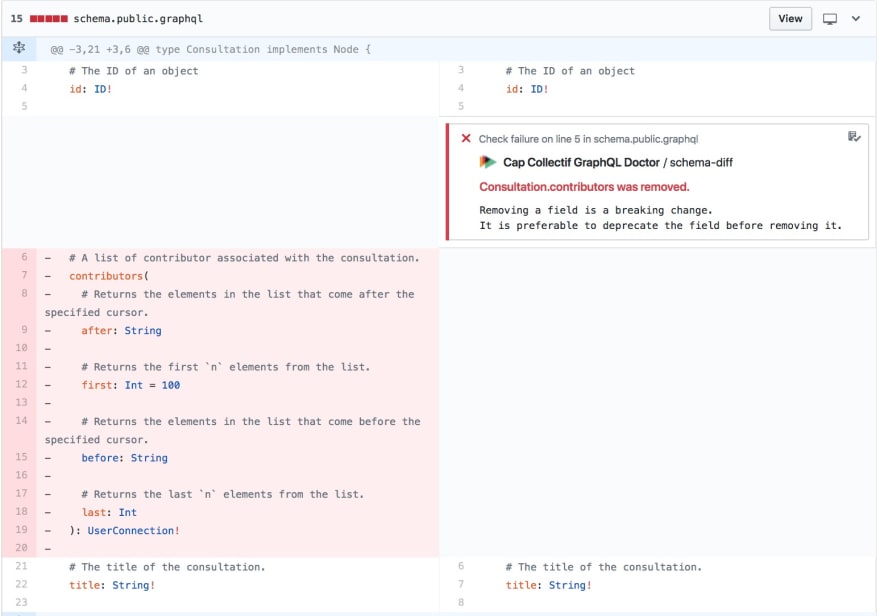 graphql doctor bot 的预览，评论 GitHub 拉取请求，显示发生故障的行