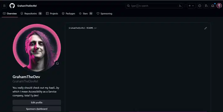 GrahamTheDevRel GitHub 个人资料，其中菜单按钮在延迟后动画出现，随后 Graham 旁边的对话框在延迟后动画出现