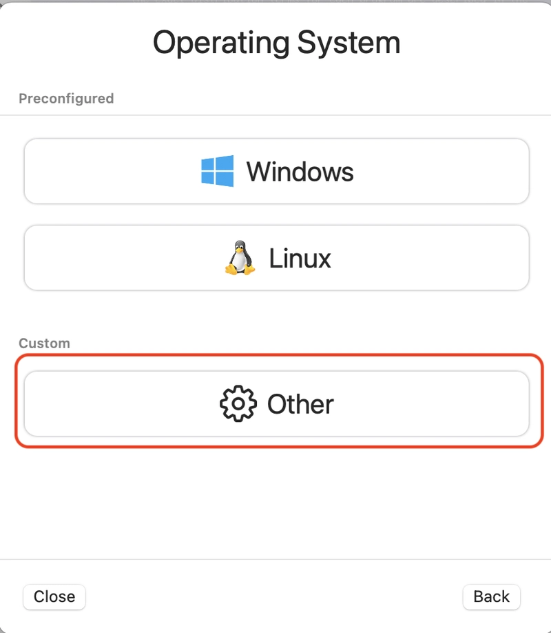 UTM 新 VM：选择操作系统：Windows、Linux、其他