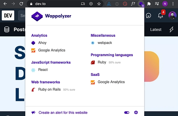 来自 dev.to 的 Wappalyzer 报告