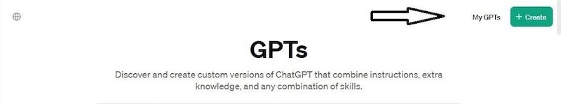 探索 Gpts 界面,箭头指向创建新 Gpt 的按钮。