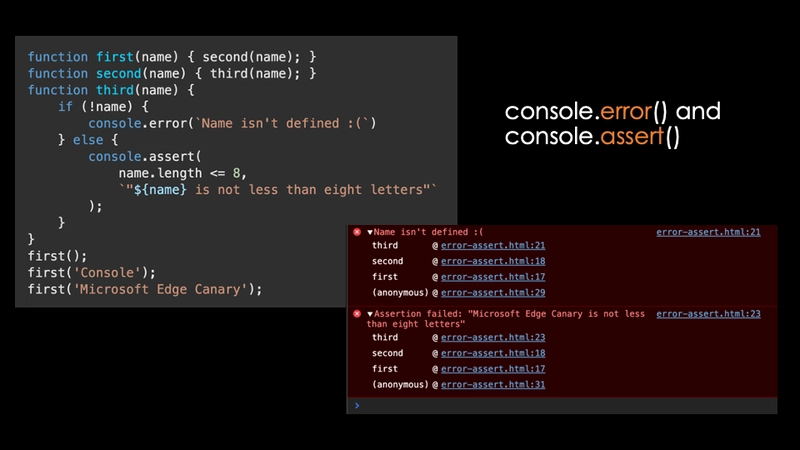 console 的 error 方法显示错误，assert 是 if 语句的快捷方式，其中包含 console.log