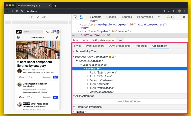 元素面板中显示的 Chrome DevTools 可访问性树