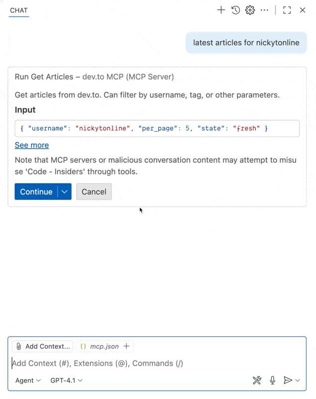 dev.to MCP 服务器在 VS Code 中运行