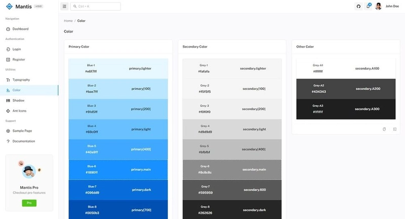 Mantis React（开源）- UI 颜色页面