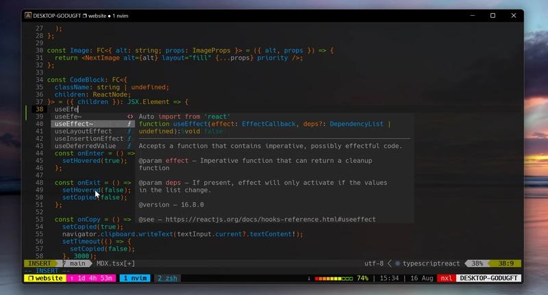 Neovim 从 React 自动导入 useEffect 的屏幕截图