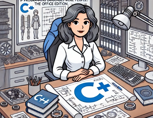 这幅图描绘了一位白人女性 C++ 的高级工程师，她被技术工作区包围。她正全神贯注地分析着办公桌上复杂的蓝图和图表，办公桌上堆满了技术书籍和工程工具。她的职业装束和严肃的举止凸显了她是一位一丝不苟、技艺精湛的工程师，致力于解决复杂的技术难题。