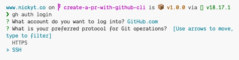 GitHub CLI 提示如下：您首选的 Git 操作协议是什么？使用箭头键移动光标，输入字符来筛选 HTTPS 或 SSH。