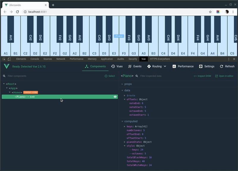这是浏览器窗口的屏幕截图,其中 Vue 开发者工具已打开,并突出显示了 Sforzando Piano Vue 组件。钢琴音阶范围从 A1 到 C#5。开发者工具中可以看到各种数据和计算属性,例如八度起始、八度结束、数值八度、钢琴状态等等。