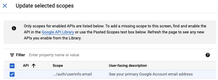 更新选定的 Google 范围<br>
