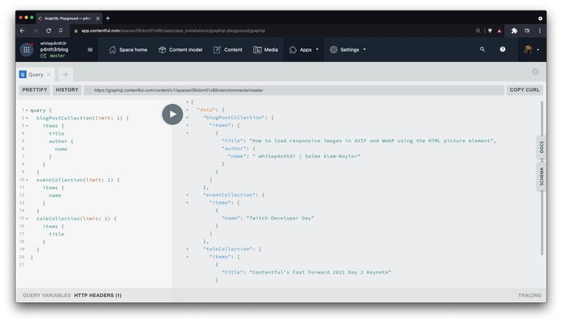 Contentful 中的 GraphQL 游乐场的屏幕截图，显示了上述查询的结果。
