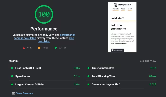 来自 web.dev 测量的屏幕截图显示，Eleventy 网站的性能得分为 100，LCP 为 1 秒，TTI 为 2.5 秒，CLS 为 0.032。