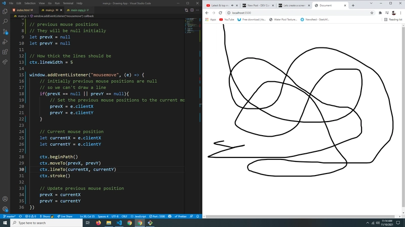 在鼠标移动javascript画布上绘制线条