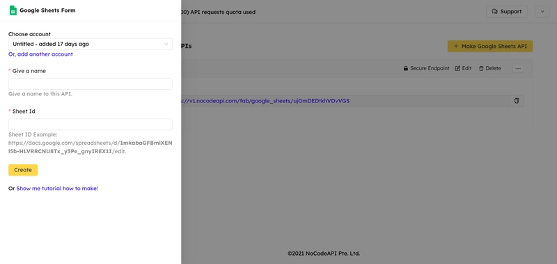 Nocodeapi 的 Google Sheet 表单