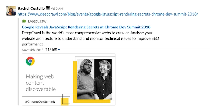 Slack 中的 URL 共享内容下拉菜单示例