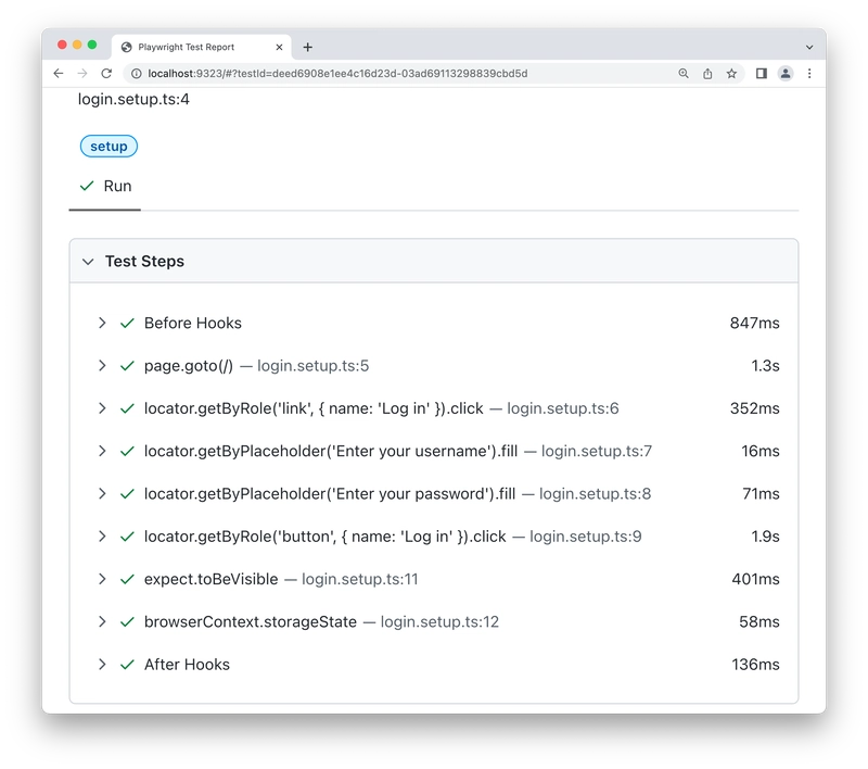 显示登录测试步骤的 HTML 报告