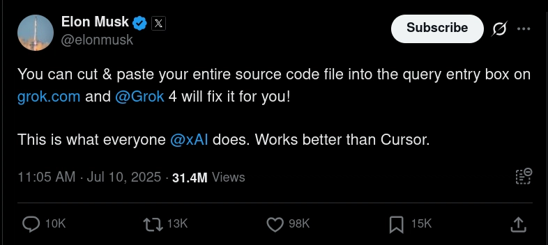 埃隆必须声称 Grok 4 比 Cursor 更好。